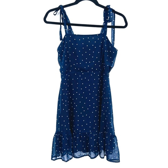 LULUS Dotty About You Navy Blue White Polka Dot Tie-Strap Short Dress Size Small - Picture 4 of 9